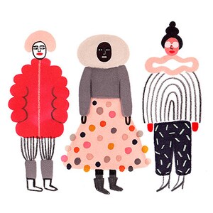 May include: Illustration of three figures in colorful outfits. The figure on the left wears a red puffy coat, the middle figure wears a gray sweater and polka dot skirt, and the right figure wears a striped sweater and patterned pants.