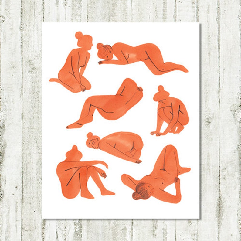 May include: Orange watercolor print featuring stylized figures in various poses on a white background. The figures are depicted in a minimalist style, with simple lines and shapes. The print is mounted on a white wooden surface.