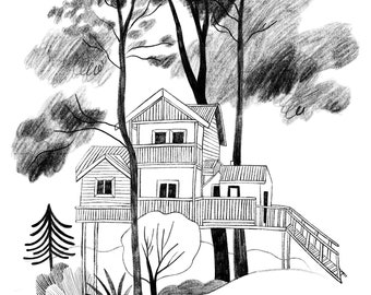 Cabin in the Woods Giclee Fine Art Print Illustration