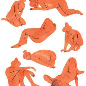 May include: Watercolor illustration featuring seven orange-toned figures in various poses. The figures are depicted in a minimalist style, with simple lines and shapes. The poses include sitting, reclining, and crouching positions, suggesting a theme of relaxation or contemplation.
