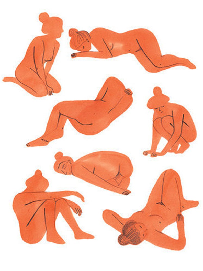 May include: Watercolor illustration featuring seven orange-toned figures in various poses. The figures are depicted in a minimalist style, with simple lines and shapes. The poses include sitting, reclining, and crouching positions, suggesting a theme of relaxation or contemplation.