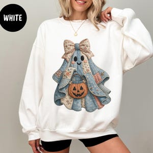 Faux Patchwork Ghost Sweatshirt, Coquette Halloween Ghost Hoodie, Cute Fall Pumpkin Ghost Crewneck, Spooky Season Not Real Stitched Ghost