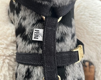 Denim Dog Harness, Black and Grey – Handmade & Adjustable – Buckle in Gold or Silver