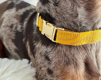 Yellow dog collar with flowers – Handmade & Adjustable – Buckle in gold or silver