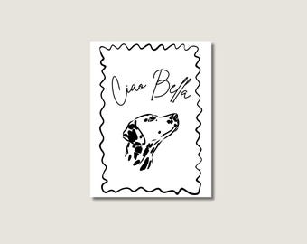 Postcard “Ciao Bella”, white minimalist greeting card, cute card for dog lovers and friends - birthday - handmade