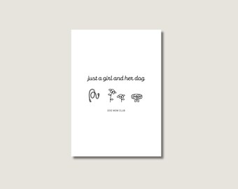 Postcard “Just a girl and her dog”, white minimalist greeting card, cute card for dog lovers and friends - birthday - handmade