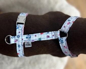 Light blue dog harness with a cute berry pattern – Handmade & Adjustable – Buckle in gold or silver