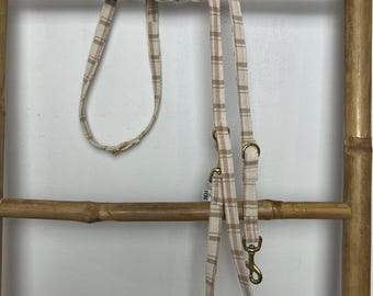 2m Beige Dog Leash with Checkered Pattern – Handmade & Adjustable – Gold or Silver Carabiner