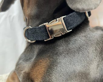 Black dog collar in jeans style – Handmade & Adjustable – Buckle in gold or silver