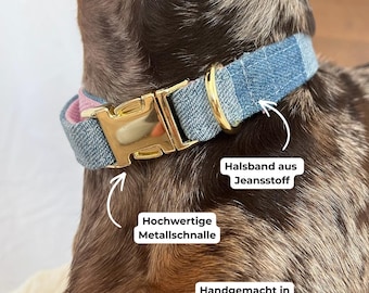 Blue dog collar in denim style – Handmade & Adjustable – Buckle in gold or silver
