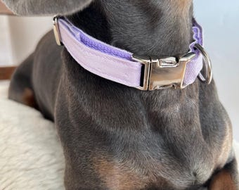 Lilac dog collar with polka dot pattern – Handmade & Adjustable – Buckle in gold or silver