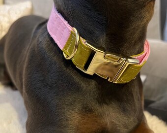 Dog collar striped pink and green, colorful – Handmade & Adjustable – Buckle in gold or silver