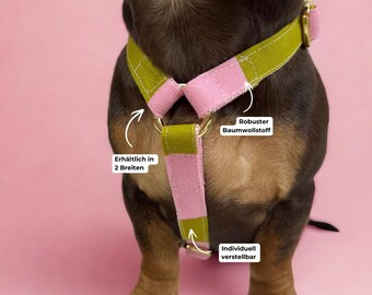 Pink and green striped dog harness – Handmade & Adjustable – Buckle in gold or silver