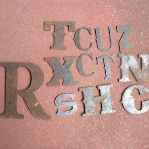 May include: A collection of individual metal letters featuring various fonts and sizes, displaying a weathered, rusted patina with shades of brown and grey. The letters include R, T, C, U, Z, X, N, S, H, and C, arranged in a scattered layout.