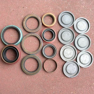 May include: A collection of various circular mechanical components including several metal oil seals with black rubber inner rings, some featuring red or teal outer edges, alongside a group of plain grey circular metal dust caps or covers.