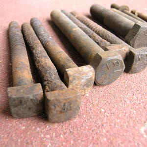 May include: Close-up of several rusty metal bolts with hexagonal and square heads. The bolts are arranged on a textured, reddish-brown surface. The bolts vary in size and show signs of age and wear.