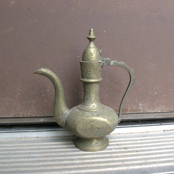 Mid Century decor, brass decanter, Etched Tea Kettle, water pitcher, Arabic Tea Pot, Indian Decor, shelf sitter, bohemian artisan style