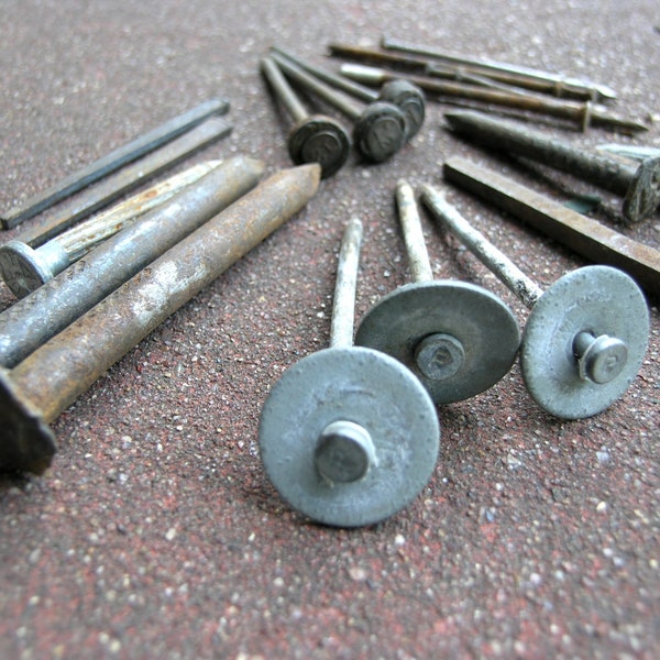 19 rusty nails, variety of nails, spikes, salvaged hardware, industrial supply, artist supply, metal nails