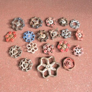 Metal faucet handles (set of 19): assorted colors, steampunk assemblage, water spigot handles, drawer pulls, flower supply
