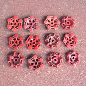 Vintage cast iron valve handles (12 piece set): Steampunk assemblage, faucet handles, steampunk supply, red water spigot