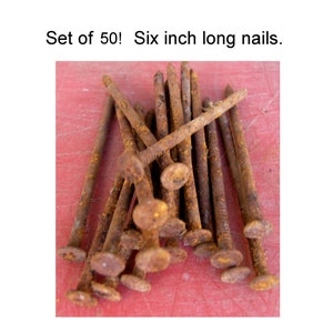 May include: A set of approximately 50 rusty nails, each about 6 inches long, are clustered together. The nails have a weathered, aged appearance with visible rust. The heads of the nails are round and flat.