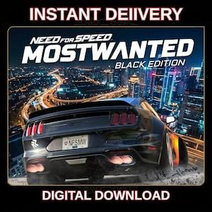 May include: A digital game cover for Need for Speed Most Wanted Black Edition featuring a dark gray sports car viewed from the rear. The car has red taillights, dual exhaust pipes, and a license plate reading NFSMW. The background shows a city skyline.