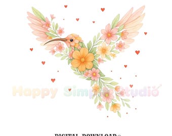 watercolor hummingbird png hand drawn digital download gift for nature lovers romantic girls floral shirt png bird t-shirt graphic pastel