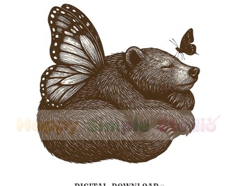 hand drawn bear butterfly png digital download gift for nature lovers wilderness women sleeping bear shirt png animal wings illustration