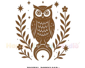 vintage folk owl png stylish digital download gift for crystal lovers astrology fans decorative owl t-shirt graphic vector art brown design