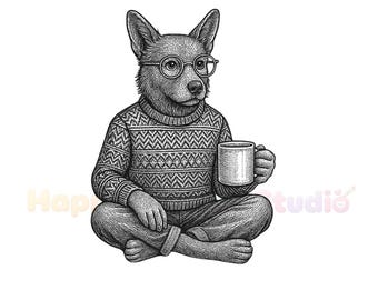 Cottagecore Dog Ink Illustration PNG, Detailed Hand Drawn Pup Line Art, Coffee Lover Bookworm Dog Shirt Digital Download, Cozy Sweater Tee