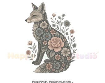 Zorro botánico vintage PNG dibujado a mano descarga digital regalo para amantes de la naturaleza entusiastas de la jardinería camiseta de vida silvestre gráfico estampado floral de zorro arte
