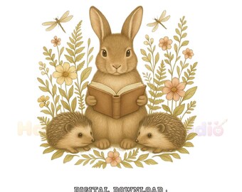 Vintage Rabbit Illustration PNG, Hand Drawn Bunny Digital Download, Cottagecore Woodland Shirt Clipart, Floral Book Bunny Art for Girls