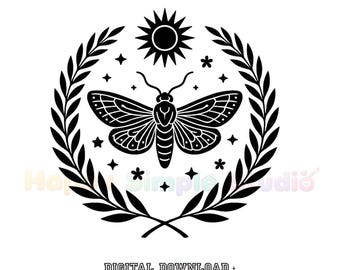 Symmetrical Moth Wreath Vector PNG, Geometric Insect Art Digital Download, Boho Olive Branch Shirt Design, Nature Lover Gift for Girls