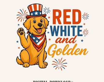 4th Of July Dog PNG, Red White And Golden Retriever, Patriotic Shirt Graphic, Fireworks Digital Download, Dog Mom Gift, Festive Women’s Gift