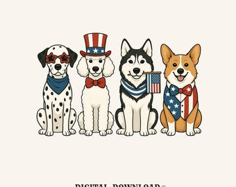 4th of July Dogs PNG, Patriotic Puppy Shirt Design, Hand Drawn Dog Mom Gift, American Pups Clipart, Digital Download for Canine Lovers