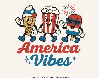 America Vibes PNG, Vintage Cartoon USA Clipart, Patriotic Fireworks Tee Design, 4th Of July Digital Download, Retro Ice Cream Popcorn Shirt