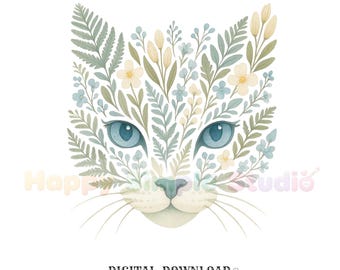 botanical cat face png stylish digital download gift for plant ladies flower lovers floral kitten shirt png watercolor feline illustration