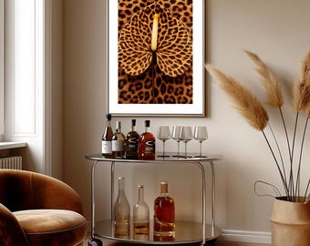 Wilde luipaard bloemen muurdecoratie, botanische poster, decoratie voor luipaardliefhebbers, stijlvolle woondecoratie, opvallende statement print, cheetah print, wilde glamour kunst.