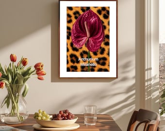 Anthurium Wall Art, Leopard Wall Art, Botanical Decor, Floral Poster Digital Download Art, Wild Glam Wall Art, Cheetah Print, Leopard Decor.