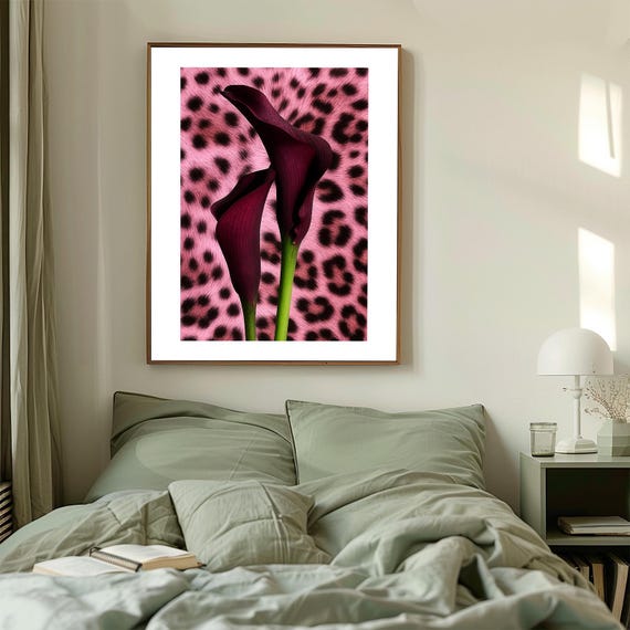 WELCOME PRINT | Leopard Wall Art with Calla Lilies, Glam Poster, Leopard Aesthetic, Botanical Poster, Cheetah Print Digital Download