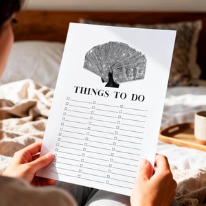 May include: A white Things To Do list with a sparkling money graphic at the top. The list has multiple blank boxes for checkmarks. The image is held by a person.