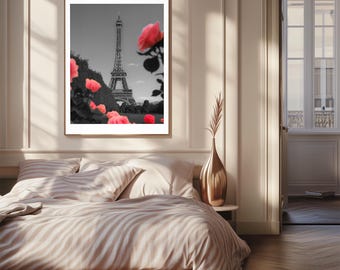 Kunst aan de muur Parijs, print Eiffeltoren met roze rozen, zwart-wit fotografie Parijs, romantische Parijse inrichting, cadeau voor haar, digitale download.