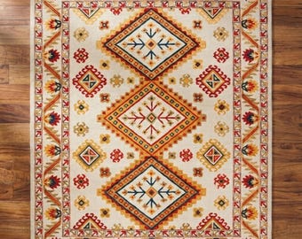 Hand Tufted Wool Rug, Southwestern Tribal Geometric Carpet, Ivory Boho Vintage Style