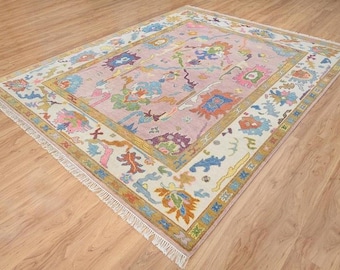 Alfombra Oushak rosa anudada a mano, alfombra de lana de estilo turco floral, alfombra de otoño, decoración de otoño para el hogar