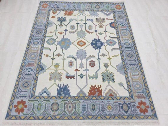 Ivory Oushak Rug, Turkish Floral Area Rug, Custom Size (Made to Order)