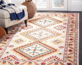 Handgemaakt wollen tribal geometrisch tapijt, ivoorkleurig boho-tapijt, elan-tapijten (aangepast formaat beschikbaar)