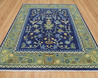 Alfombra Oushak azul marino hecha a mano, con estampado floral verde salvia, alfombra de lana turca (tamaños personalizados)