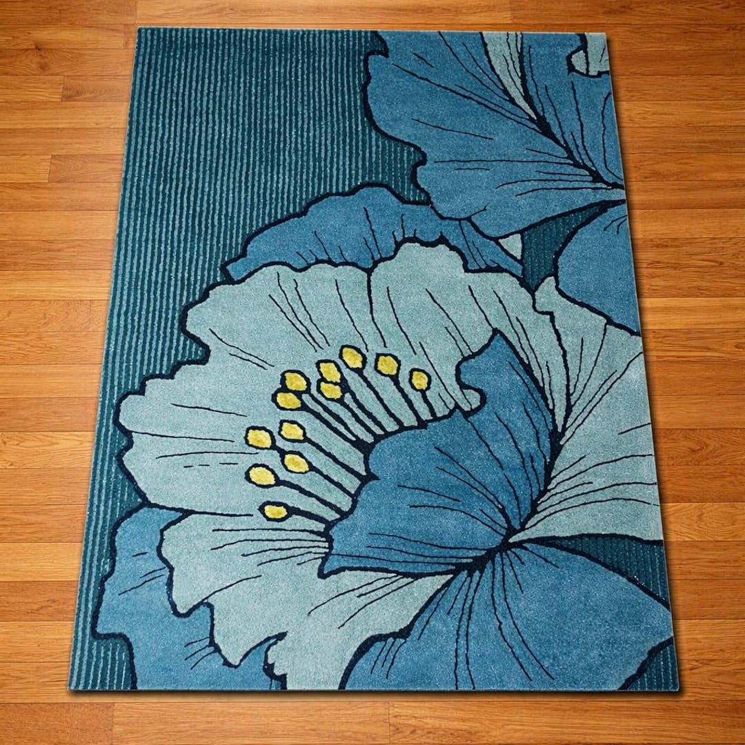 Blue Floral Area Rug, Modern Teal Flower Carpet, Handmade Home Decor - Etsy