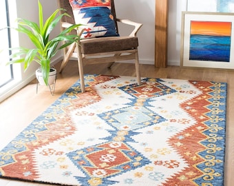 Hand Tufted Wool Rug, Southwestern Geometric Boho Carpet, Ivory Blue Rust Living Room