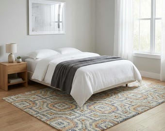 Tappeto in lana geometrico fatto a mano, motivo ottagonale neutro, tappeto scandinavo per soggiorno.